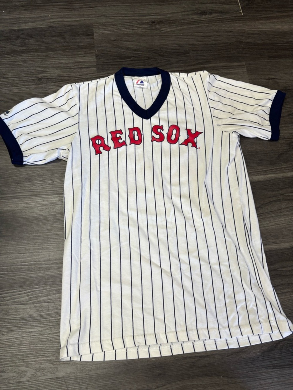 Vintage Majestic Boston Redsox Pinstripe Jersey Tee with Navy Trim Medium